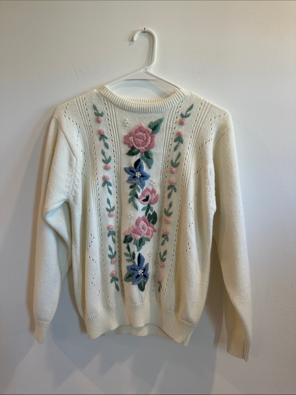 Alfred Dunner Cream Sweater with Pink & Blue Floral Embroidery